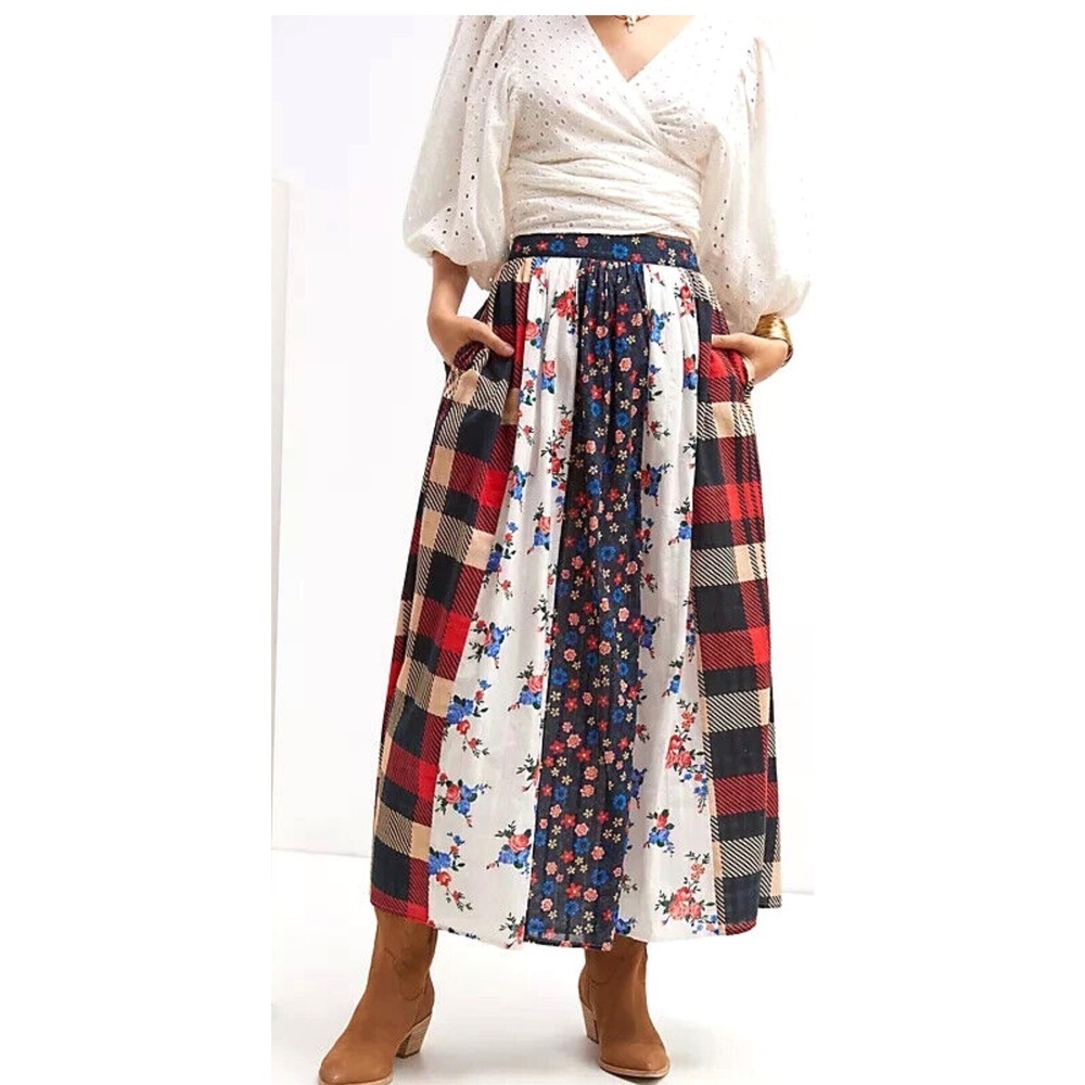 Anthropologie Let Me Be Patchwork‎ Maxi Skirt Womens Small Floral Plaid Cotton